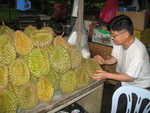 Albert choosing a durian